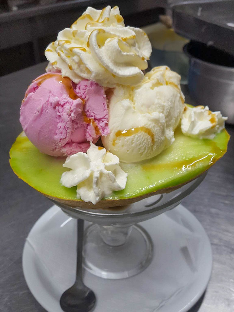 Half a melon with scoops of strawberry and vanilla ice cream, whipped cream and a drizzle of honey in a glass dish.