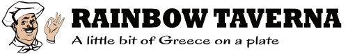 Rainbow Taverna and chef logo with text: A little bit of Greece on a plate.
